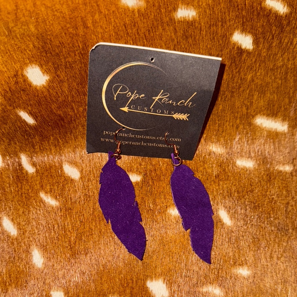 Suede Leather Purple Feather Earrings